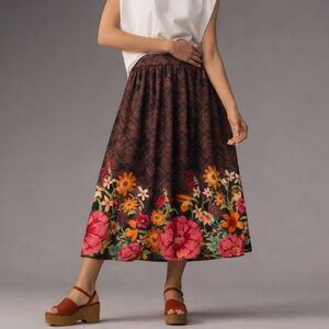 FARM Rio Charming Garden Floral Midi Skirt Anthropologie Brown Print Large